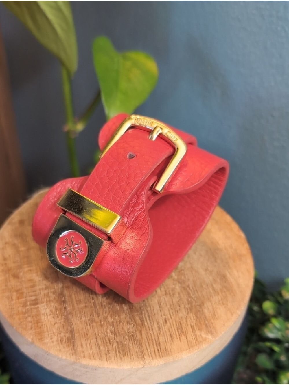 Rustic Cuff Red Leather Belt Bracelet with Gold Buckle